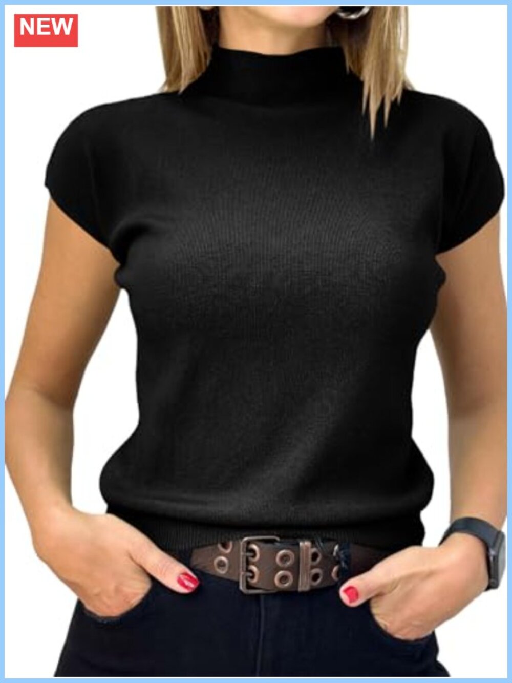Women's Mock Neck Short Sleeve Knit Sweater Pullover Ribbed Slim Fit Top